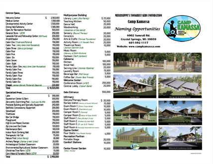 Graphic containing photos of camp facilities and naming opportunities for the different buildings, etc.