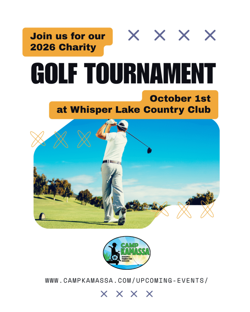 Graphic promoting 2026 MTK Golf tournament at Whisper Lake. Features a golfer swinging on the golf course.