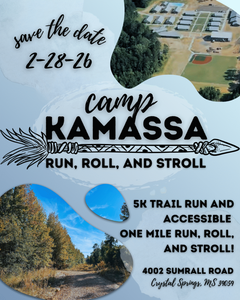 Promotional graphic for upcoming 5K Trail Run, and 1 mile fun run, roll, and stroll event at Camp Kamassa on February 28, 2026. Includes logo and aerial views of Camp Kamassa.